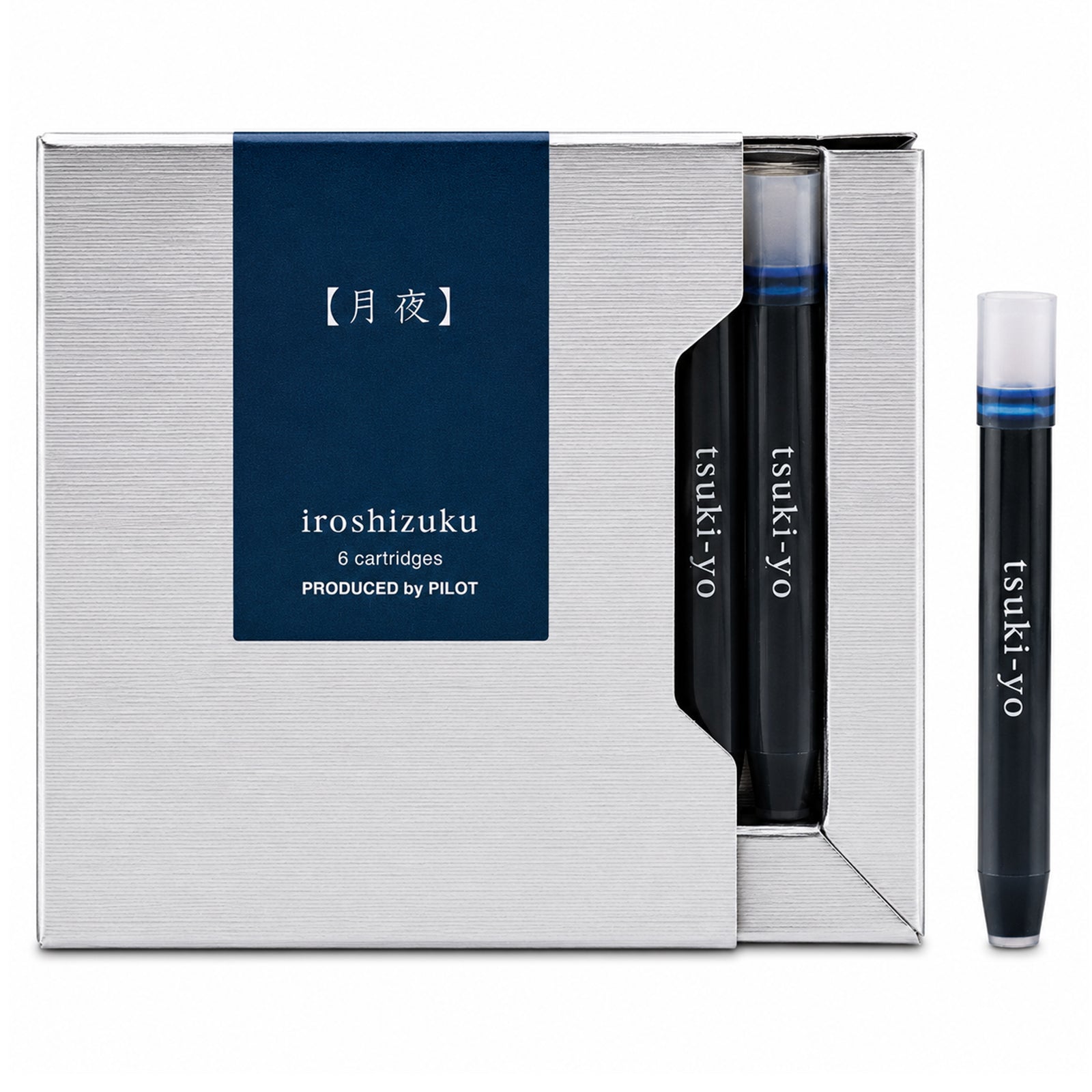 Studio product image showing the Pilot Iroshizuku Tsuki yo fountain pen ink cartridge presentation box with a single Moonlight blue black cartridge displayed separately on a clean white background, highlighting the premium packaging and authentic Pilot cartridge design.