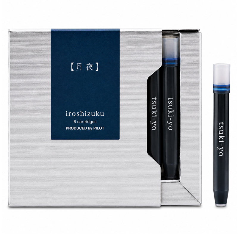 Studio product image showing the Pilot Iroshizuku Tsuki yo fountain pen ink cartridge presentation box with a single Moonlight blue black cartridge displayed separately on a clean white background, highlighting the premium packaging and authentic Pilot cartridge design.