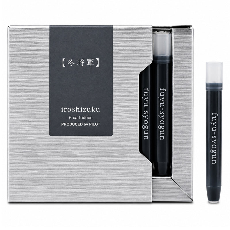Studio product image showing the Pilot Iroshizuku Fuyu syogun fountain pen ink cartridge presentation box with a single Old Man Winter grey cartridge displayed separately on a clean white background, emphasising the premium packaging and authentic Pilot cartridge design.