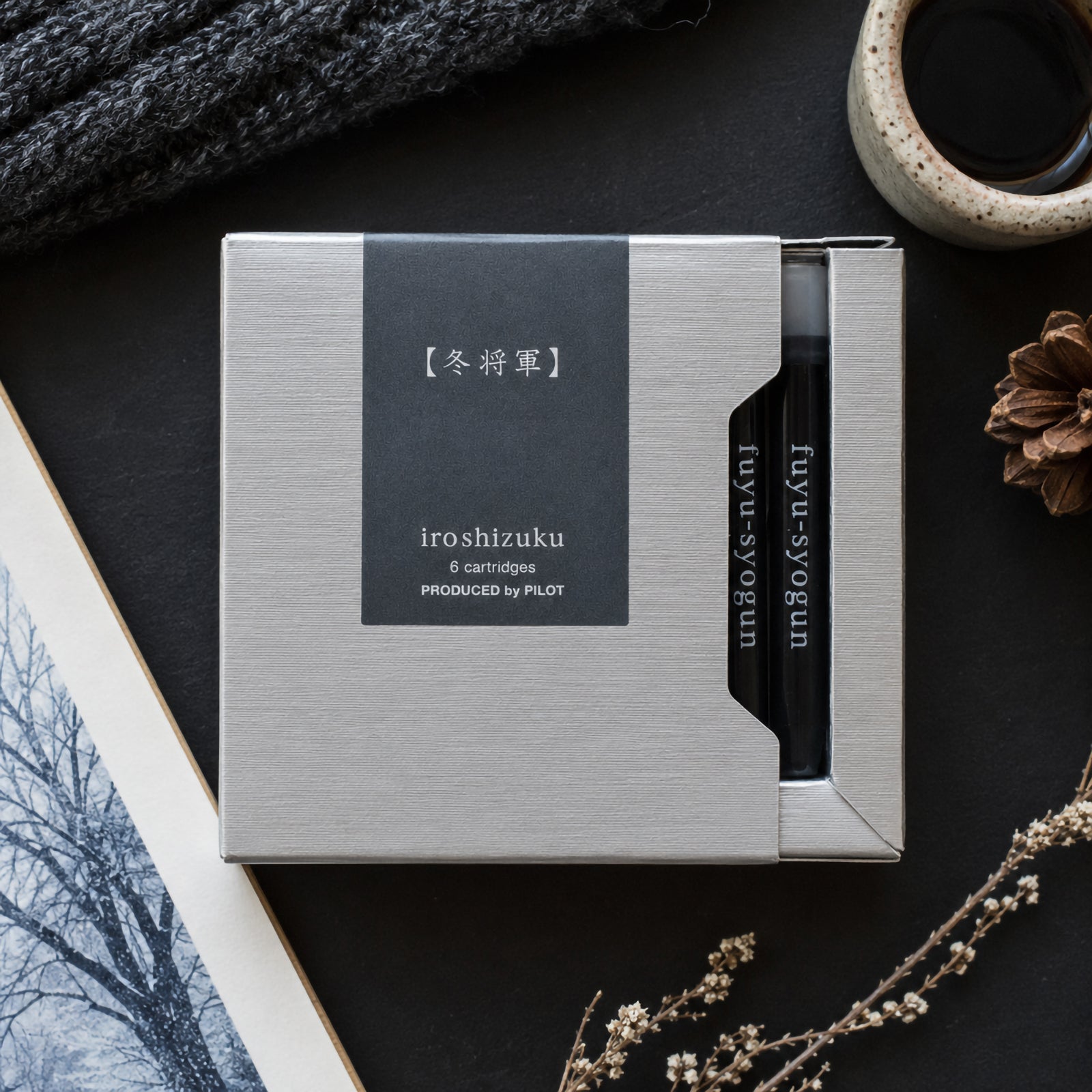 Pilot Iroshizuku Fuyu syogun cartridge presentation box displayed on a dark desktop with winter themed styling including pine cones, textured fabric, dried flowers and an open book. The scene reinforces the quiet elegance and seasonal inspiration behind the premium ink collection.