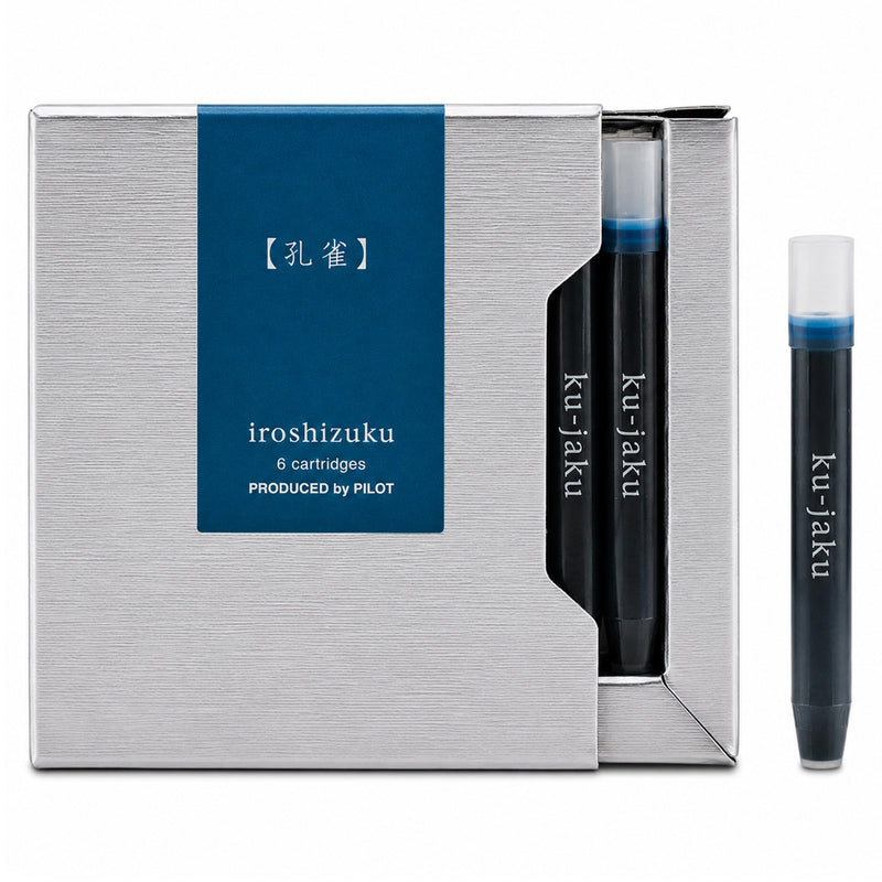 Studio product image of the Pilot Iroshizuku Ku jaku fountain pen ink cartridge presentation box with a single Peacock blue green cartridge displayed separately on a clean white background, emphasising the premium packaging and authentic Pilot cartridge design.