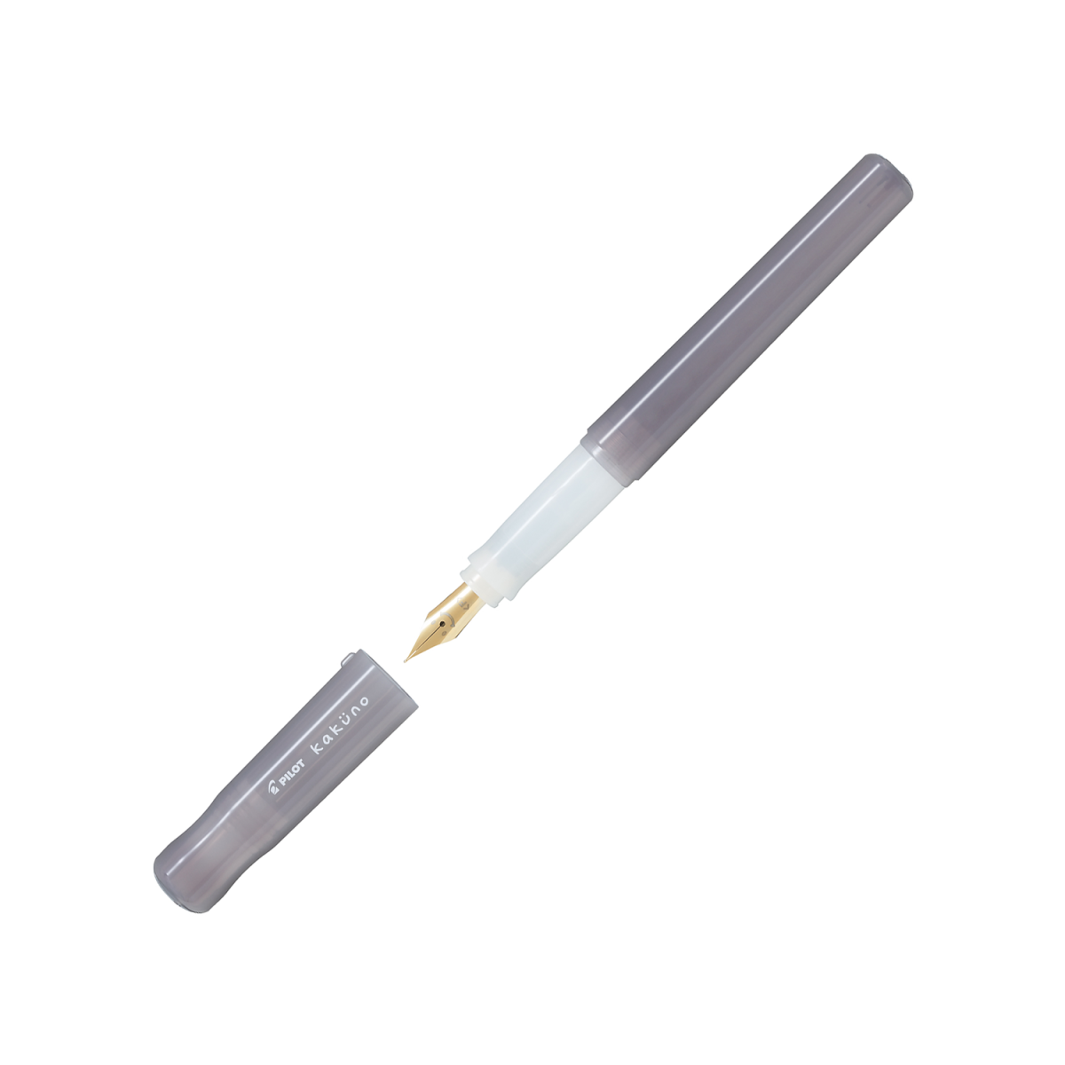 Pilot Kakuno Madoromi fountain pen in grey shown with the cap off, revealing the gold-coloured stainless steel nib with its smiling-face engraving.