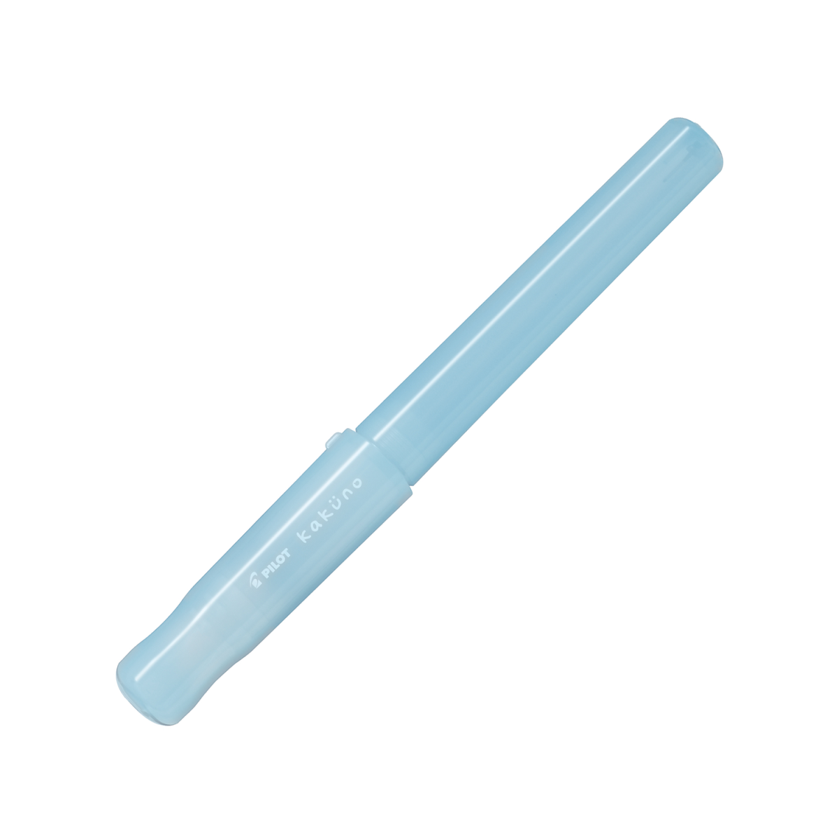 Pilot Kakuno Madoromi fountain pen, fine nib, light blue translucent barrel, a gold-nib beginner fountain pen shown capped on a white background.