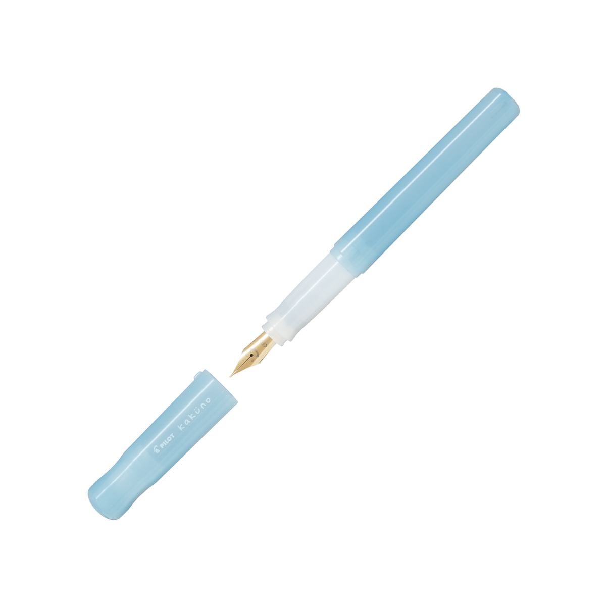 Pilot Kakuno Madoromi fountain pen in light blue shown with the cap off, revealing the gold-coloured stainless steel nib with its smiling-face engraving.
