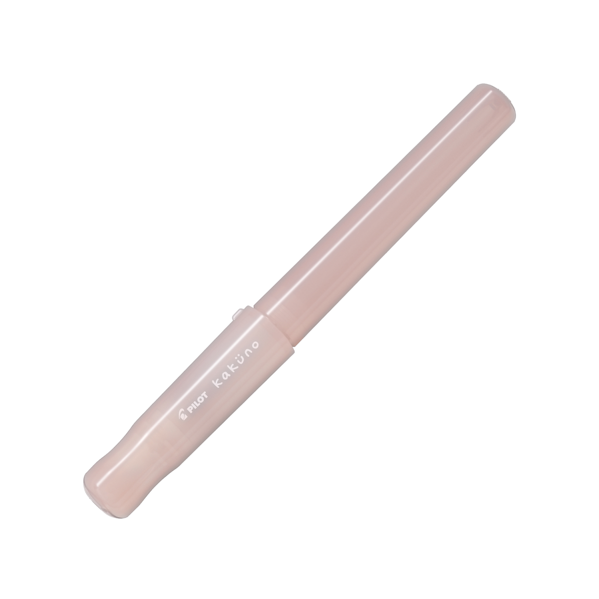 Pilot Kakuno Madoromi fountain pen, fine nib, light pink translucent barrel, a gold-nib beginner fountain pen shown capped on a white background.