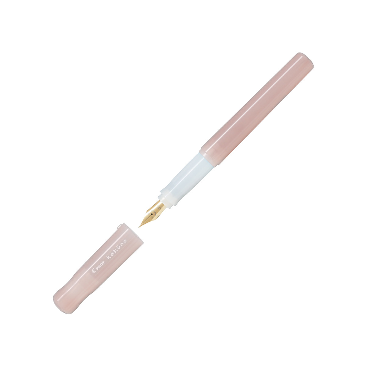 Pilot Kakuno Madoromi fountain pen in light pink shown with the cap off, revealing the gold-coloured stainless steel nib with its smiling-face engraving.