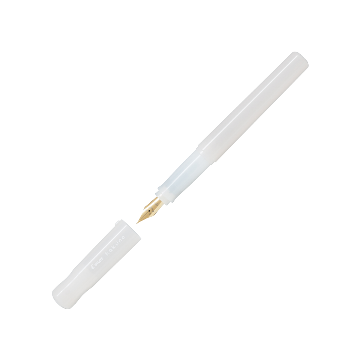 Pilot Kakuno Madoromi fountain pen in white shown with the cap off, revealing the gold-coloured stainless steel nib with its smiling-face engraving.