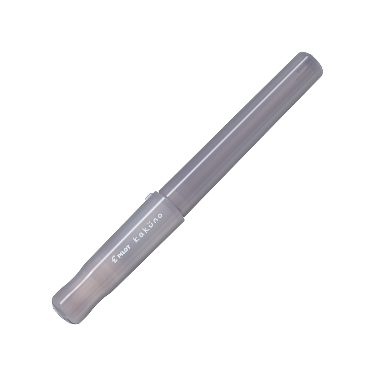 Pilot Kakuno Madoromi fountain pen, medium nib, grey translucent barrel, a gold-nib beginner fountain pen shown capped on a white background.