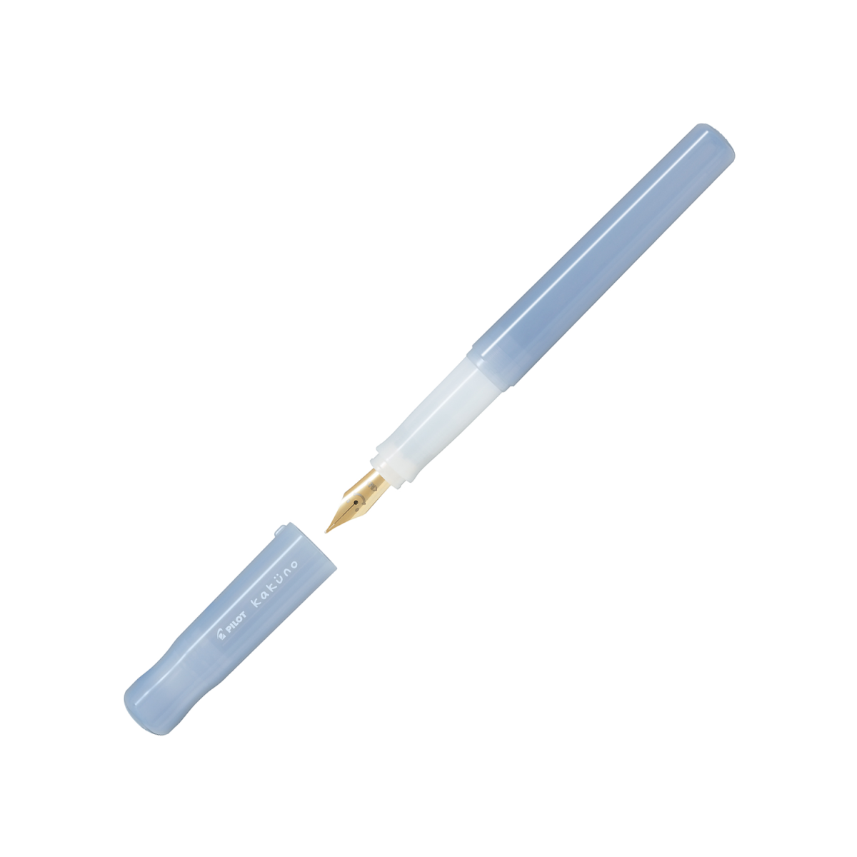 Pilot Kakuno Madoromi fountain pen in periwinkle shown with the cap off, revealing the gold-coloured stainless steel nib with its smiling-face engraving.