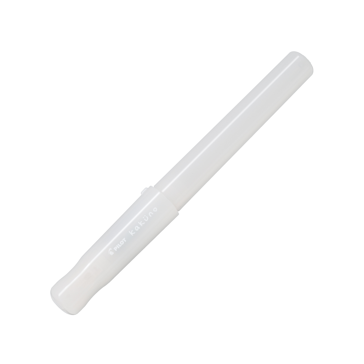 Pilot Kakuno Madoromi fountain pen, medium nib, white translucent barrel, a gold-nib beginner fountain pen shown capped on a white background.