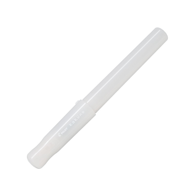 Pilot Kakuno Madoromi fountain pen, medium nib, white translucent barrel, a gold-nib beginner fountain pen shown capped on a white background.