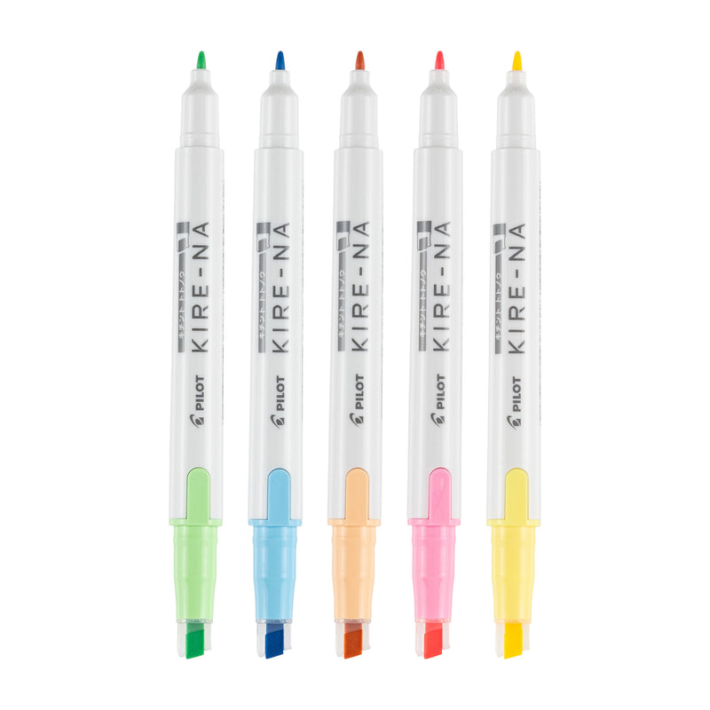 Five Pilot Kire-Na dual tip highlighters standing upright on white in the basic colour range, caps removed to show the chisel tip at the base and the bullet tip at the top, in blue, green, pink, orange and yellow