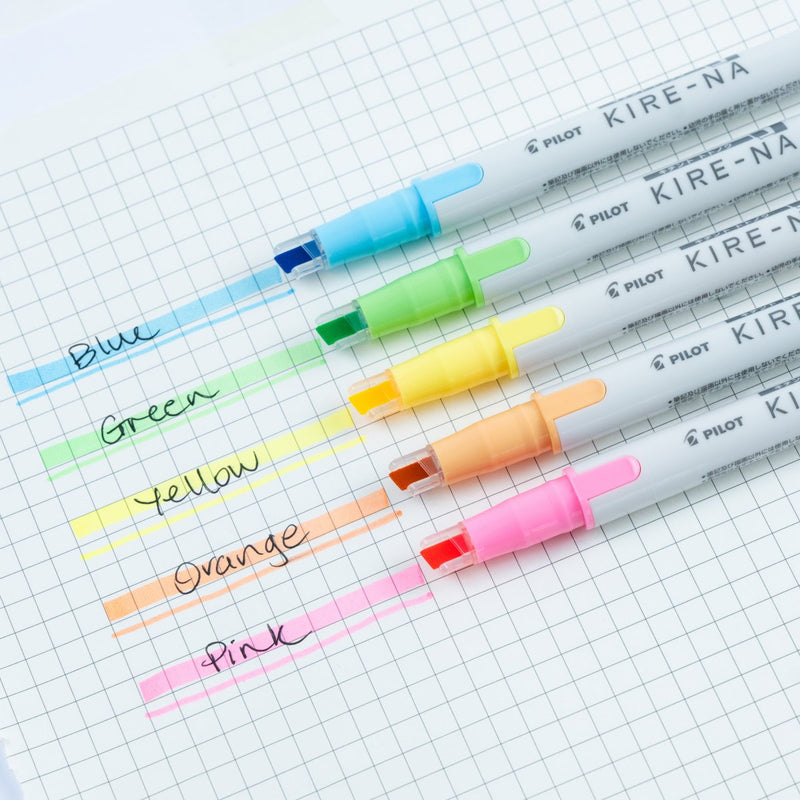 Pilot Kire-Na basic dual tip highlighters in use on a page of handwritten notes, with a broad band of colour laid across a line of text
