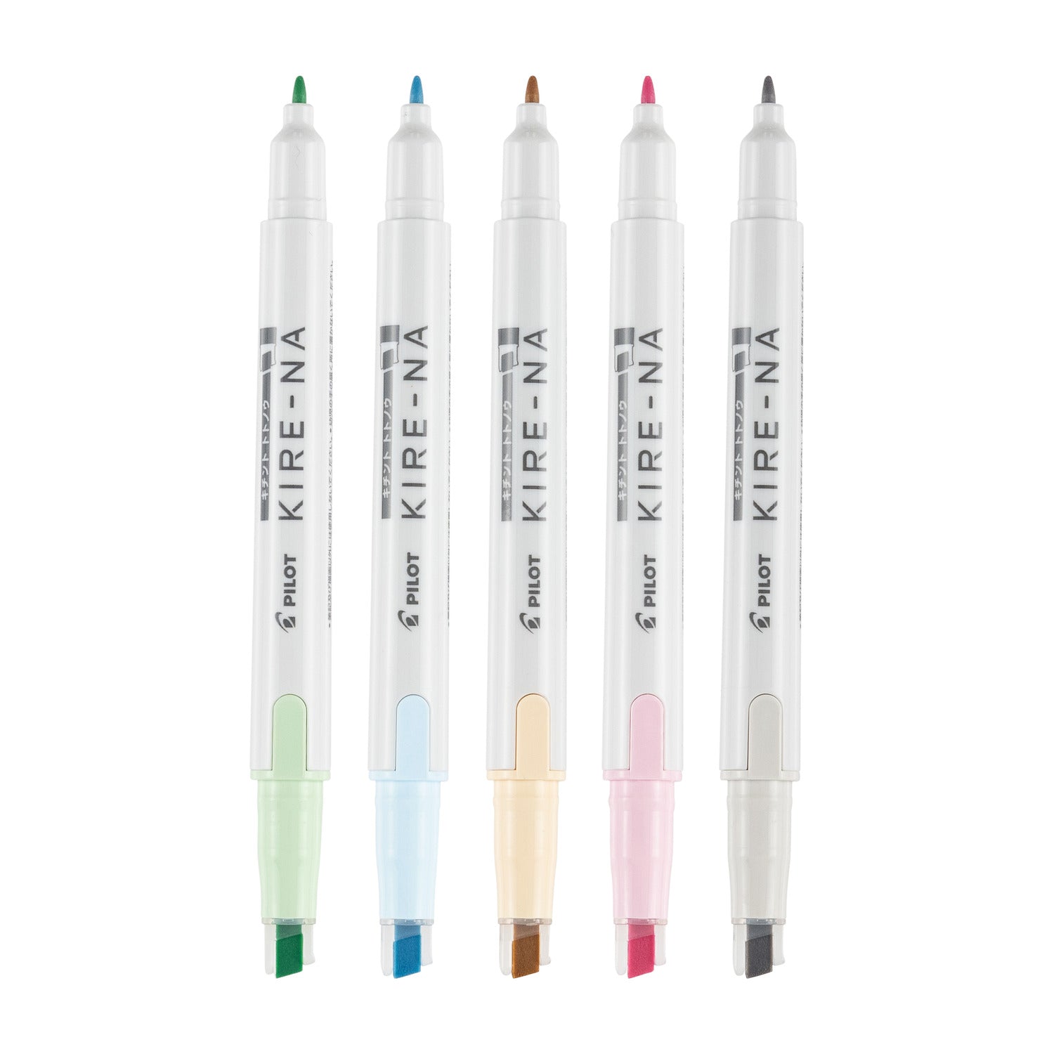 Five Pilot Kire-Na dual tip highlighters standing upright on white in the pastel colour range, caps removed to show the chisel tip at the base and the bullet tip at the top, in pale green, pale blue, pale orange, pale pink and warm grey
