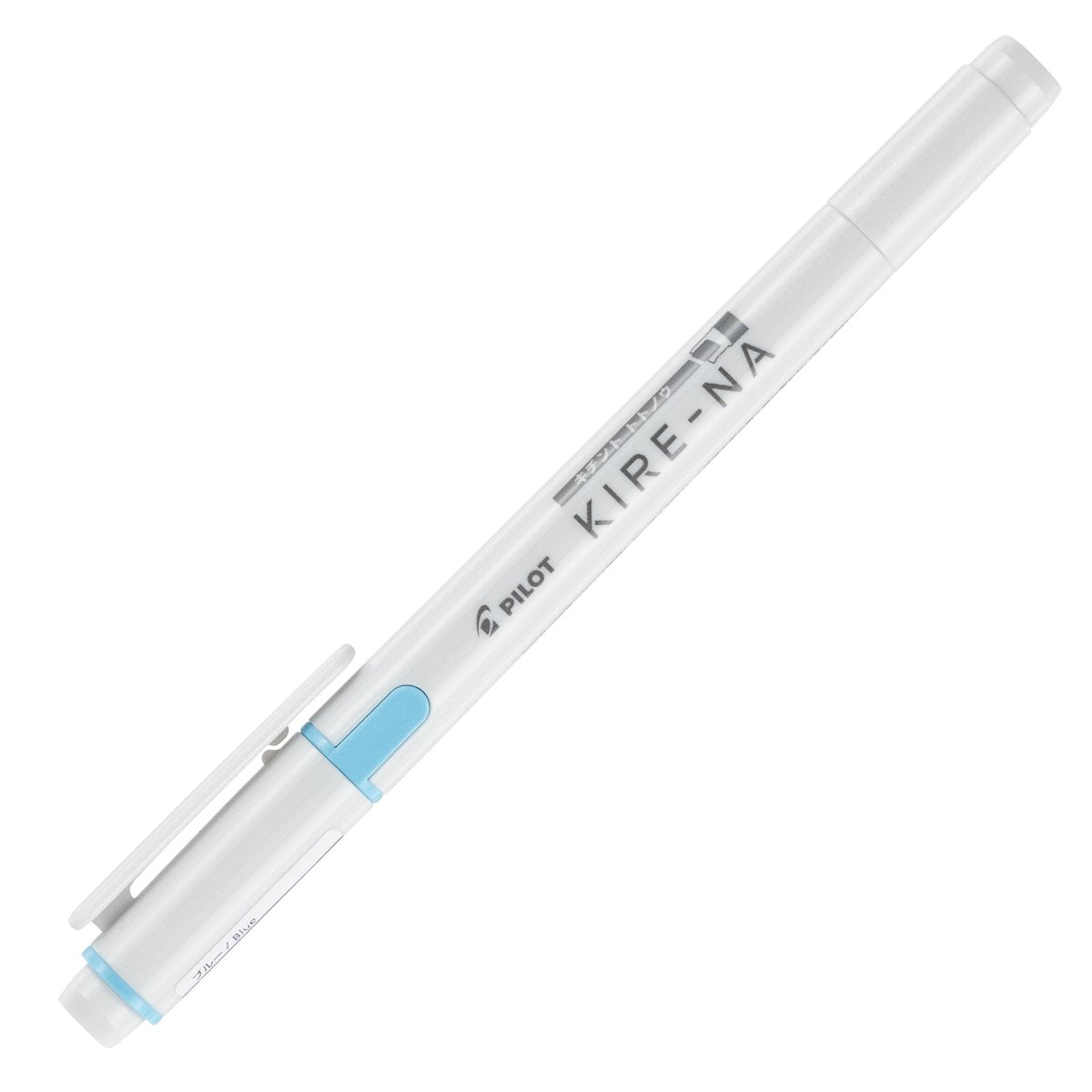 Pilot Kire-Na blue dual tip highlighter shown capped and angled on white, with the blue cap and pocket clip over the chisel tip and the Kire-Na branding running along the white barrel