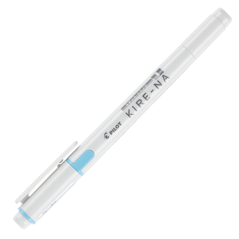 Pilot Kire-Na blue dual tip highlighter shown capped and angled on white, with the blue cap and pocket clip over the chisel tip and the Kire-Na branding running along the white barrel