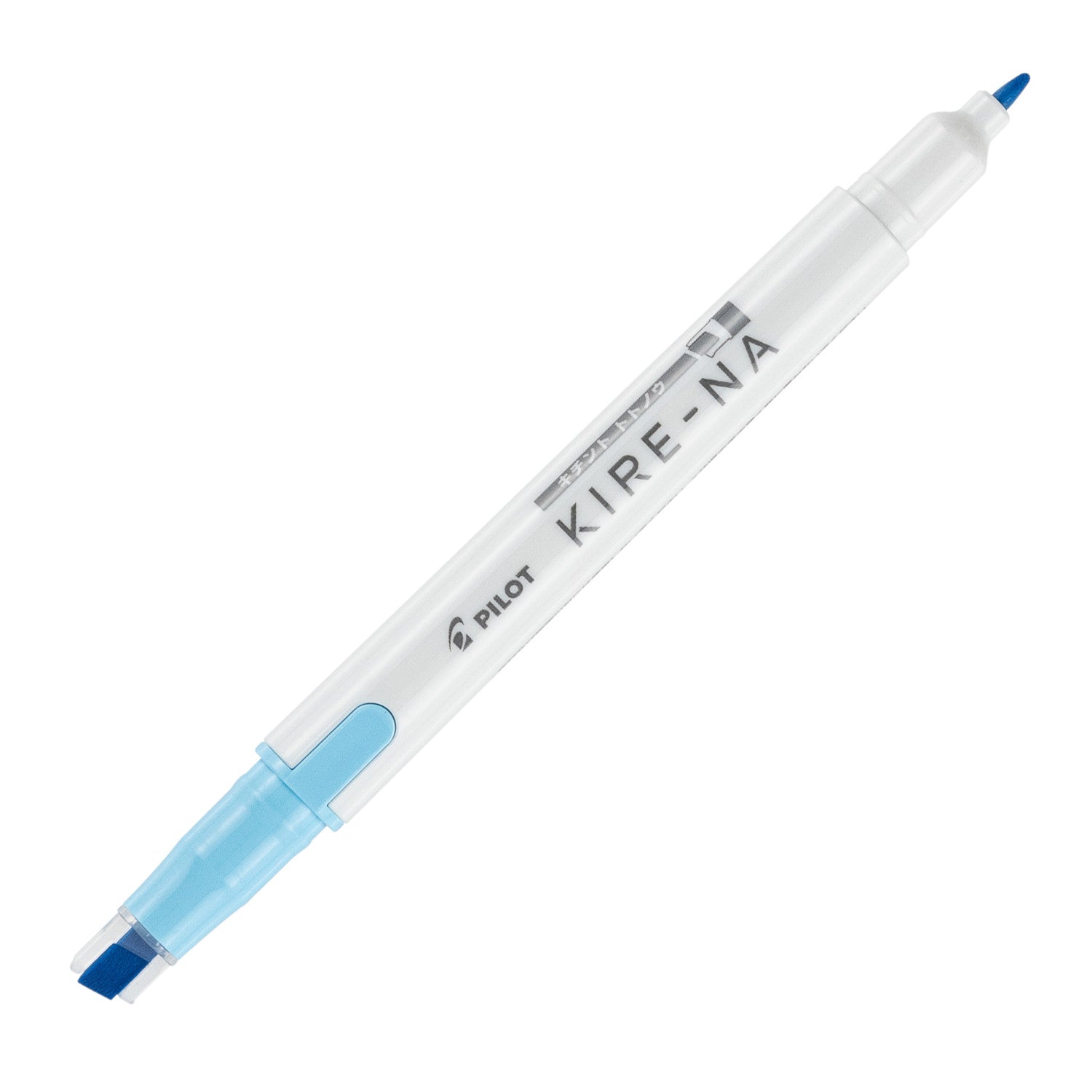 Pilot Kire-Na dual tip highlighter in blue, standing upright on white with both caps removed, showing the blue chisel tip at the base, the fine bullet tip at the top and the Kire-Na branding on the white barrel