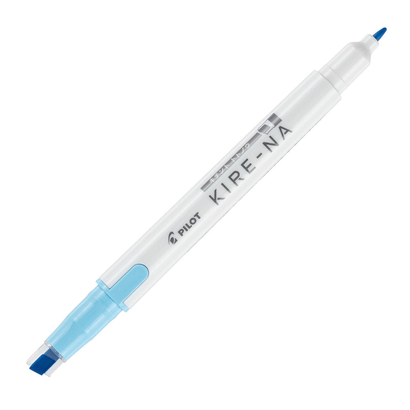 Pilot Kire-Na dual tip highlighter in blue, standing upright on white with both caps removed, showing the blue chisel tip at the base, the fine bullet tip at the top and the Kire-Na branding on the white barrel