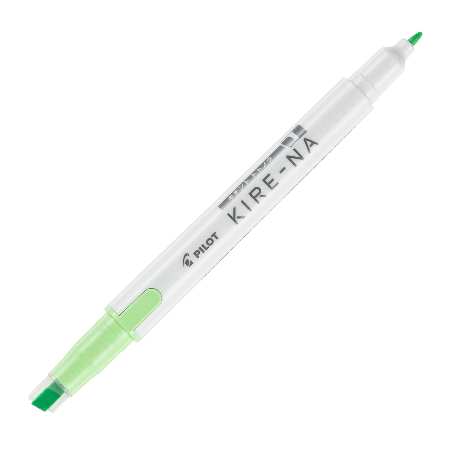 Pilot Kire-Na dual tip highlighter in green, standing upright on white with both caps removed, showing the green chisel tip at the base, the fine bullet tip at the top and the Kire-Na branding on the white barrel
