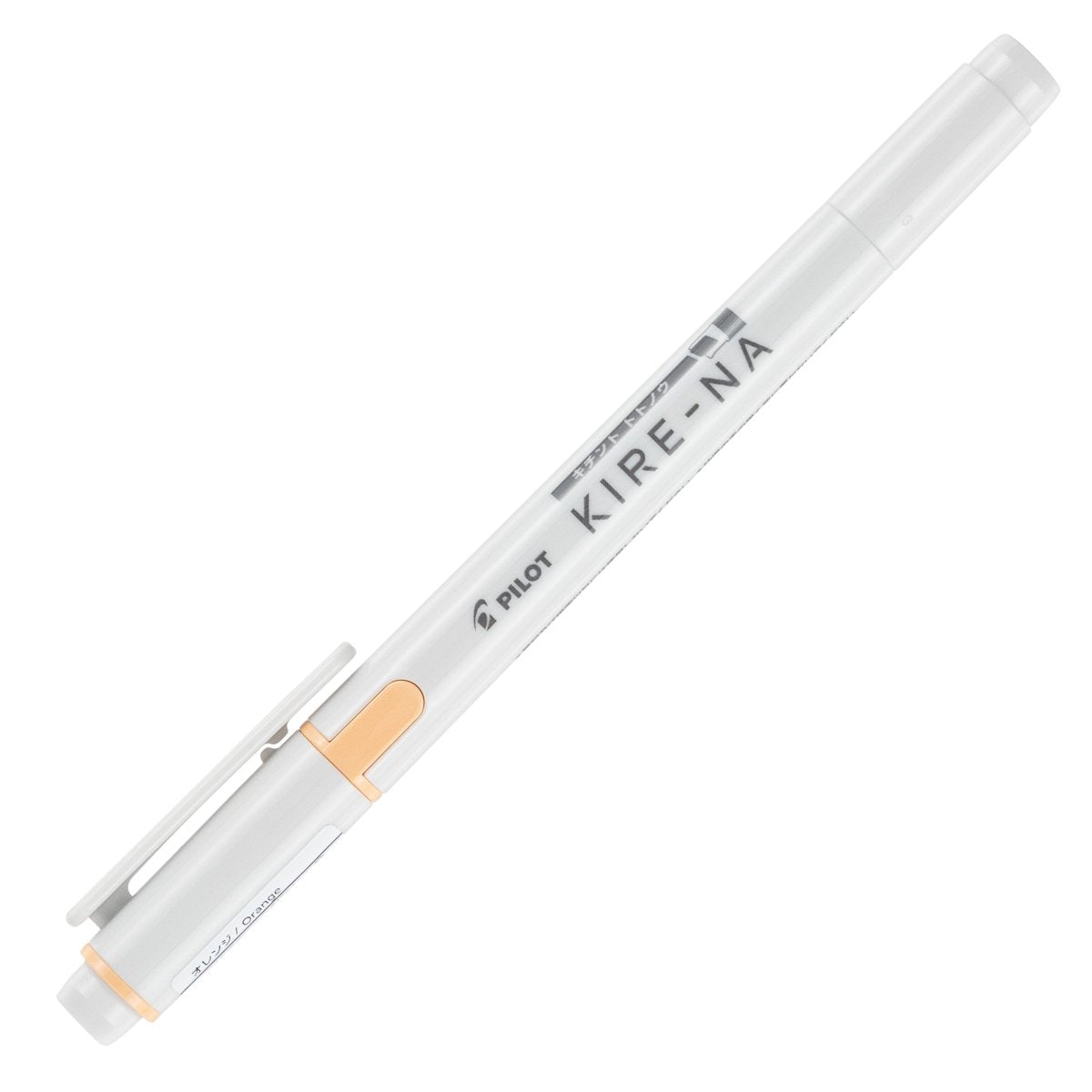 Pilot Kire-Na orange dual tip highlighter shown capped and angled on white, with the orange cap and pocket clip over the chisel tip and the Kire-Na branding running along the white barrel