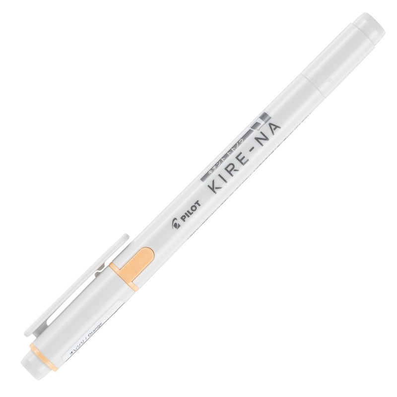 Pilot Kire-Na orange dual tip highlighter shown capped and angled on white, with the orange cap and pocket clip over the chisel tip and the Kire-Na branding running along the white barrel