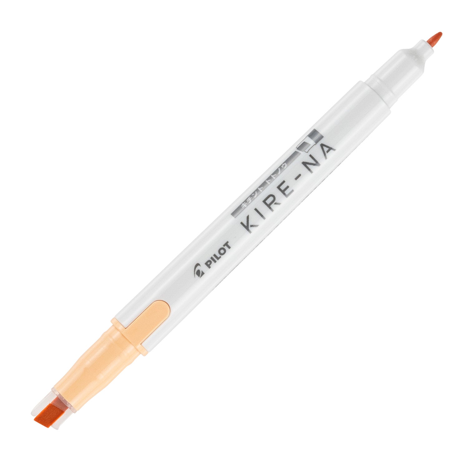 Pilot Kire-Na dual tip highlighter in orange, standing upright on white with both caps removed, showing the orange chisel tip at the base, the fine bullet tip at the top and the Kire-Na branding on the white barrel