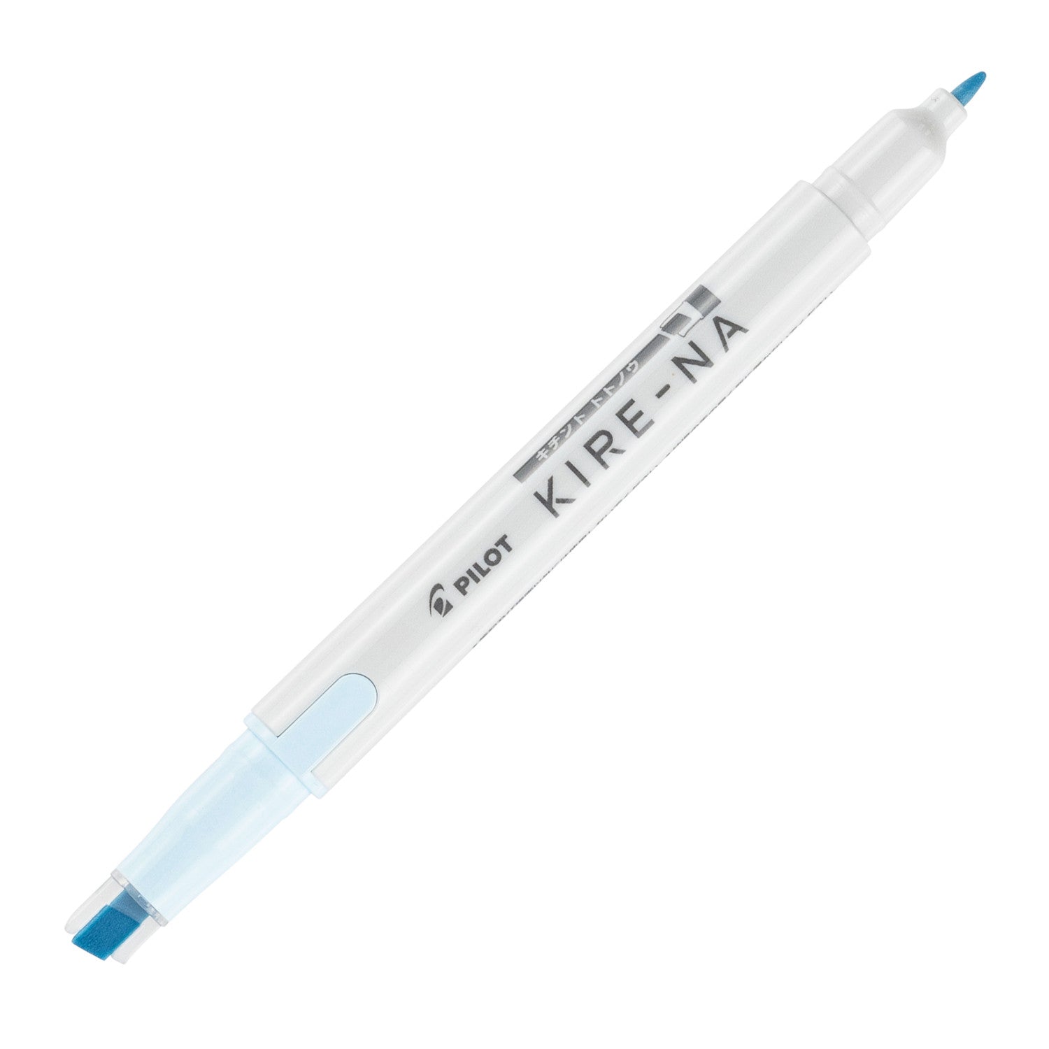 Pilot Kire-Na dual tip highlighter in pale blue, standing upright on white with both caps removed, showing the pale blue chisel tip at the base, the fine bullet tip at the top and the Kire-Na branding on the white barrel