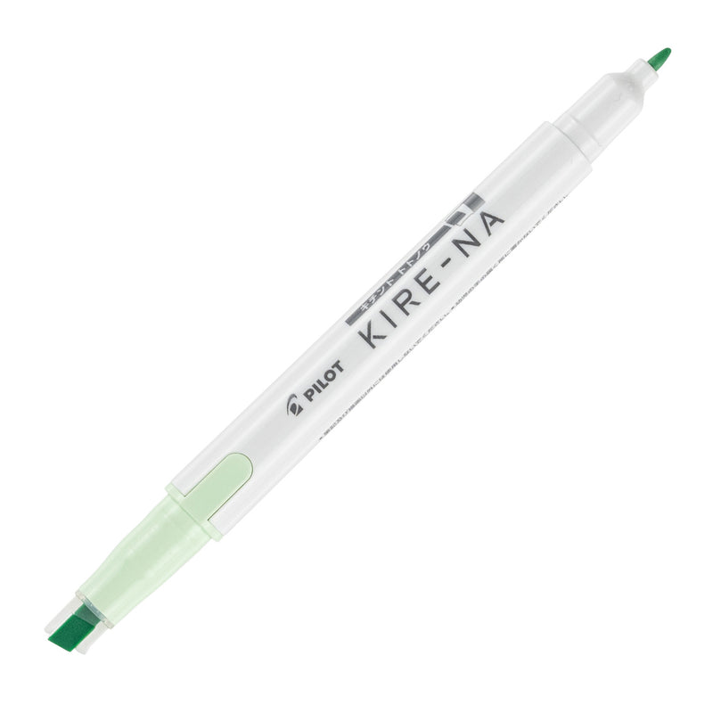 Pilot Kire-Na dual tip highlighter in pale green, standing upright on white with both caps removed, showing the pale green chisel tip at the base, the fine bullet tip at the top and the Kire-Na branding on the white barrel