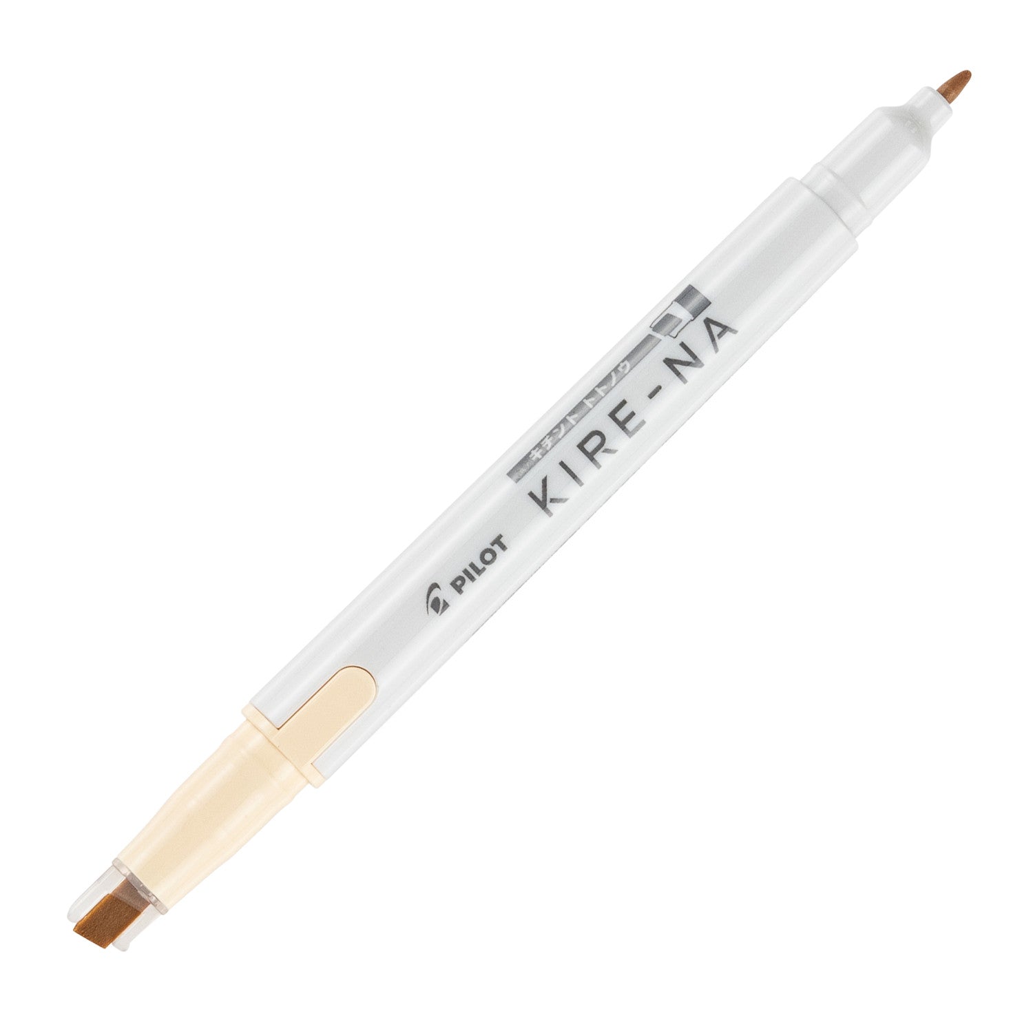 Pilot Kire-Na dual tip highlighter in pale orange, standing upright on white with both caps removed, showing the pale orange chisel tip at the base, the fine bullet tip at the top and the Kire-Na branding on the white barrel