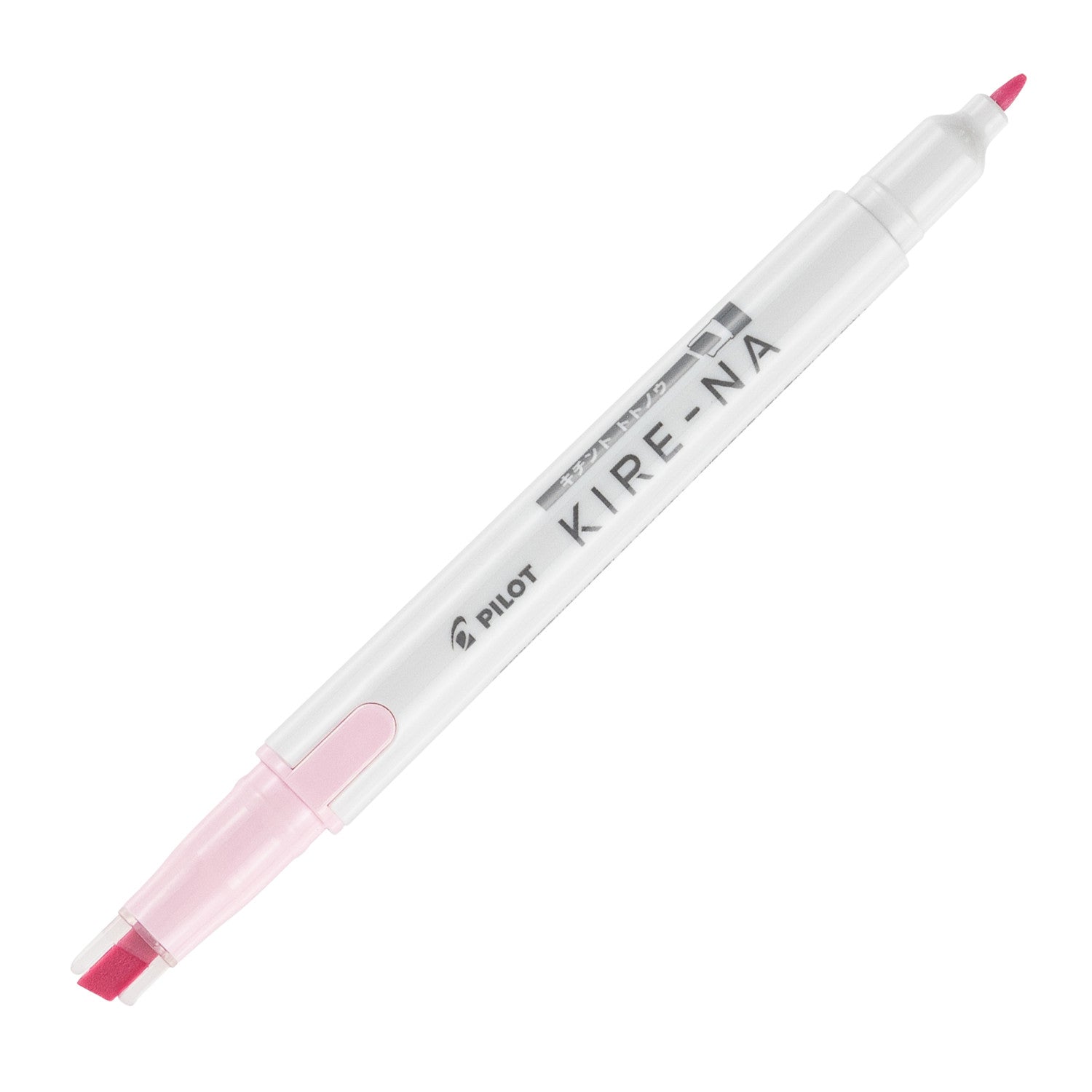 Pilot Kire-Na dual tip highlighter in pale pink, standing upright on white with both caps removed, showing the pale pink chisel tip at the base, the fine bullet tip at the top and the Kire-Na branding on the white barrel