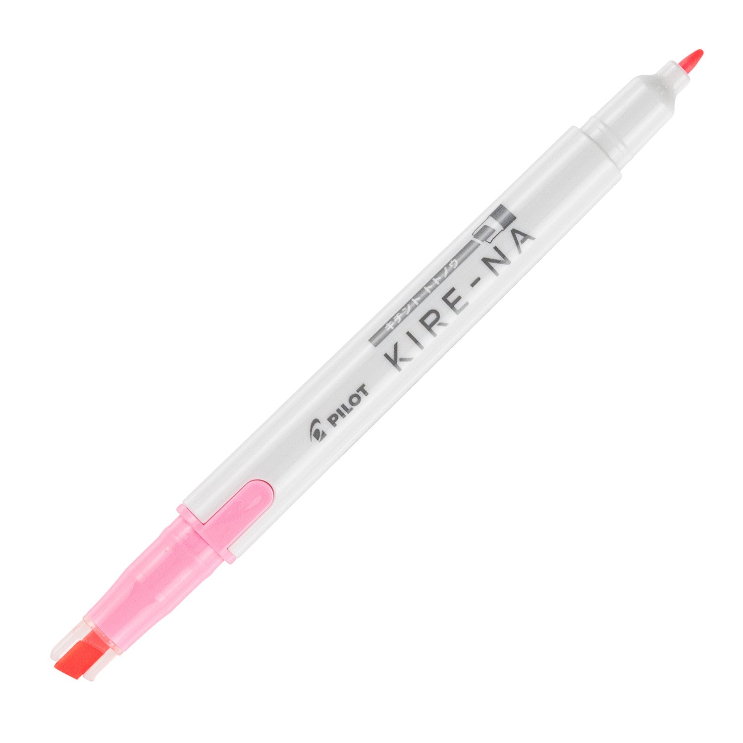 Pilot Kire-Na dual tip highlighter in pink, standing upright on white with both caps removed, showing the pink chisel tip at the base, the fine bullet tip at the top and the Kire-Na branding on the white barrel
