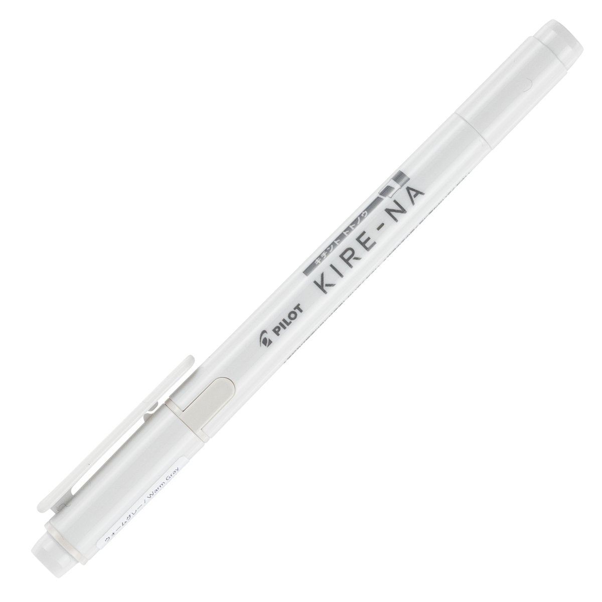 Pilot Kire-Na warm grey dual tip highlighter shown capped and angled on white, with the grey cap and pocket clip over the chisel tip and the Kire-Na branding running along the white barrel