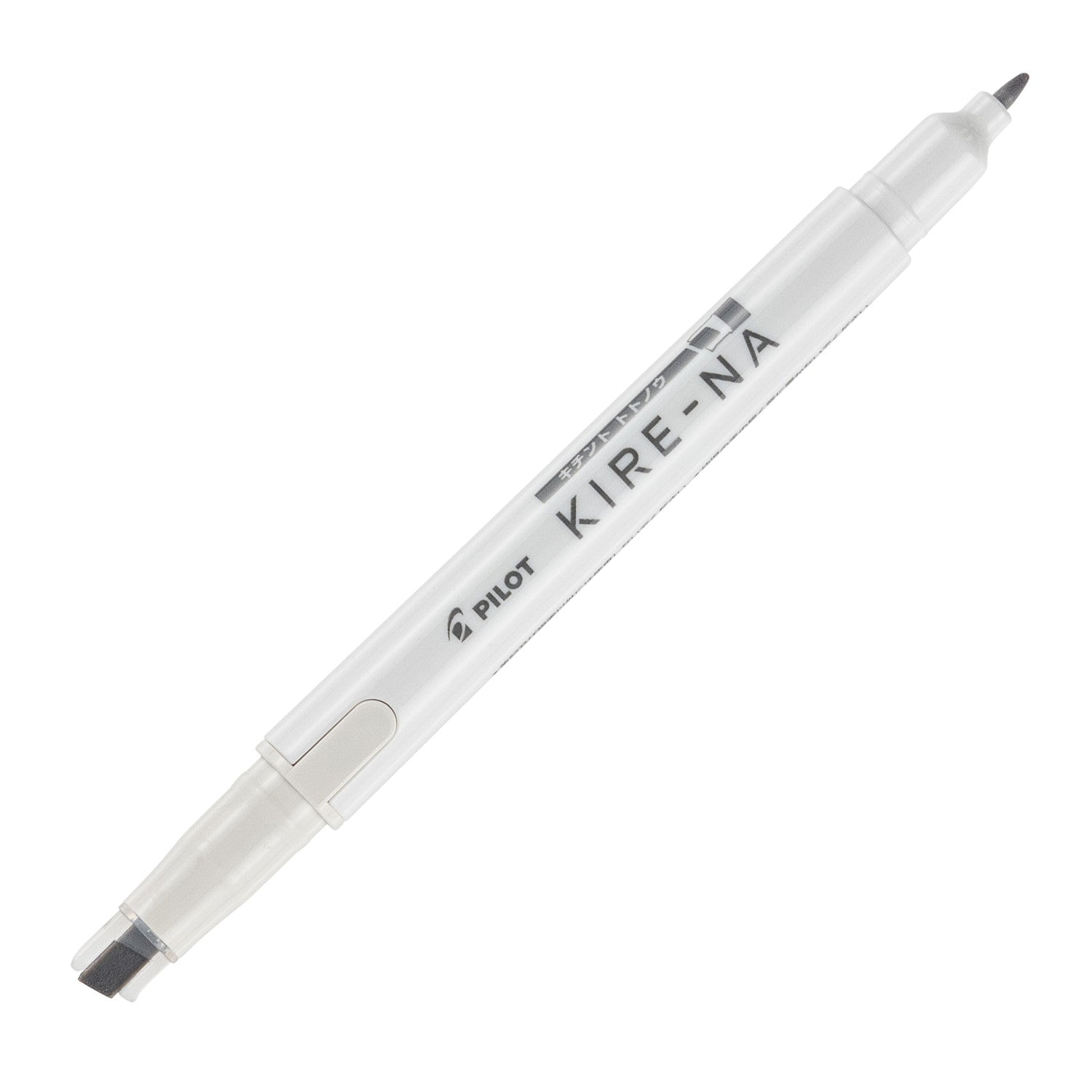 Pilot Kire-Na dual tip highlighter in warm grey, standing upright on white with both caps removed, showing the warm grey chisel tip at the base, the fine bullet tip at the top and the Kire-Na branding on the white barrel