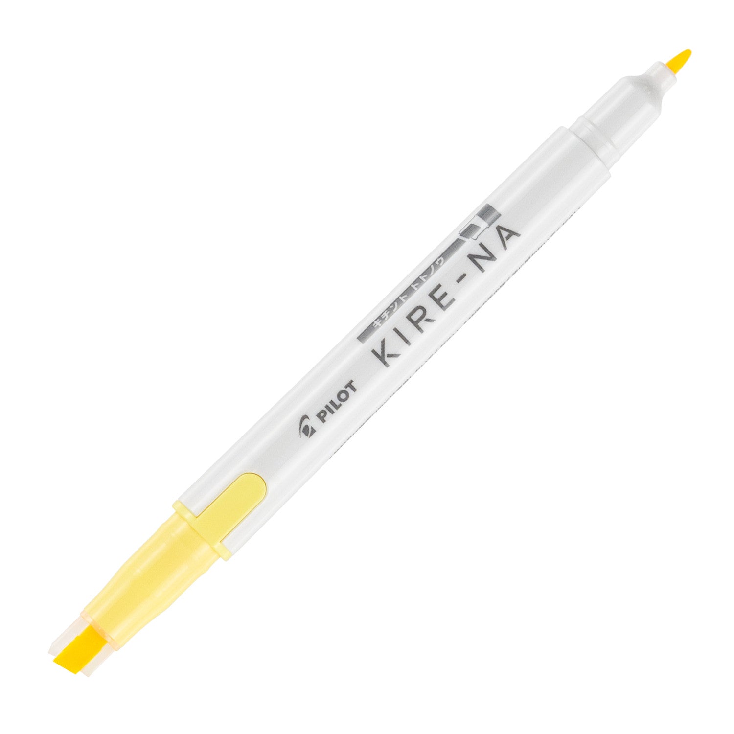 Pilot Kire-Na dual tip highlighter in yellow, standing upright on white with both caps removed, showing the yellow chisel tip at the base, the fine bullet tip at the top and the Kire-Na branding on the white barrel
