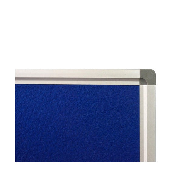 Close-up of the Rapidline Standard Pinboard corner, showing the blue felt surface meeting the silver frame and grey corner cap.