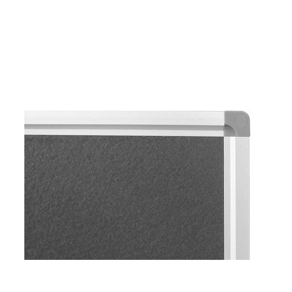 Close-up of the Rapidline Standard Pinboard corner, showing the grey felt surface meeting the silver frame and grey corner cap.