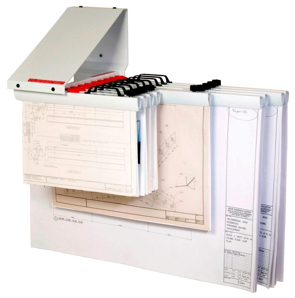 Planhorse 1000 wall rack holding clamped sets of plans of different lengths hanging side by side