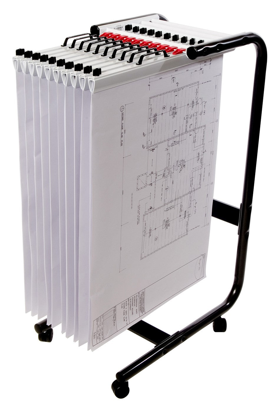 Planhorse A1 1000 mobile trolley with a black tubular steel frame and castors, loaded with ten white clamps of drawings