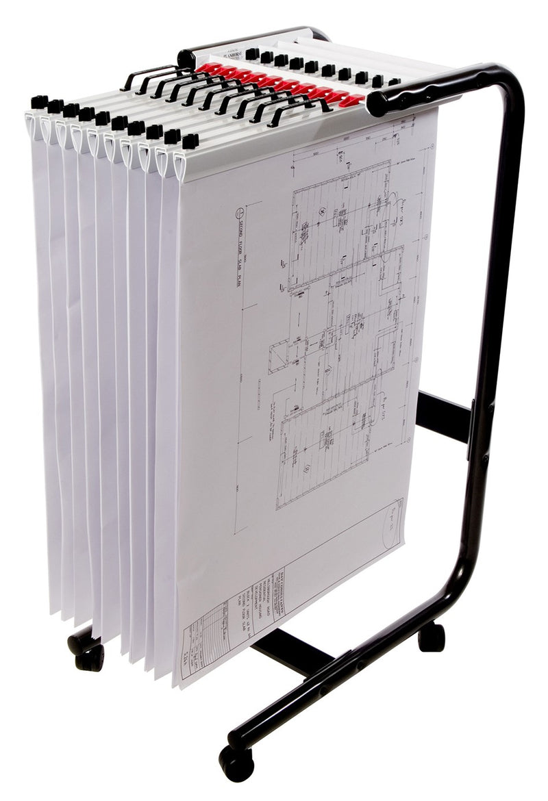 Planhorse A1 1000 mobile trolley with a black tubular steel frame and castors, loaded with ten white clamps of drawings