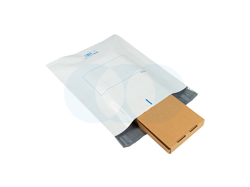 Polycell Courier Tuff plastic courier bag with a small kraft cardboard box sliding into the opening, range photo from Polycell