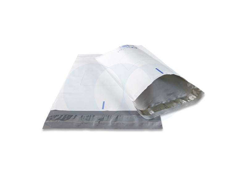 Polycell Courier Tuff courier bag opened to show the grey inner face and the grey peel strip along the flap, range photo from Polycell