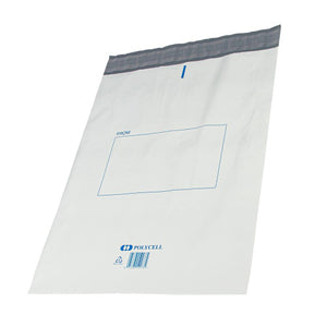 Polycell white plastic courier satchel lying flat, grey flap band at the top, printed FROM box in the centre and Polycell logo with barcode at the foot