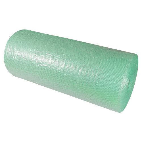 Roll of Polycell EcoPure bubble wrap with a pale green tint lying on its side, bubbles visible through the outer layer of film