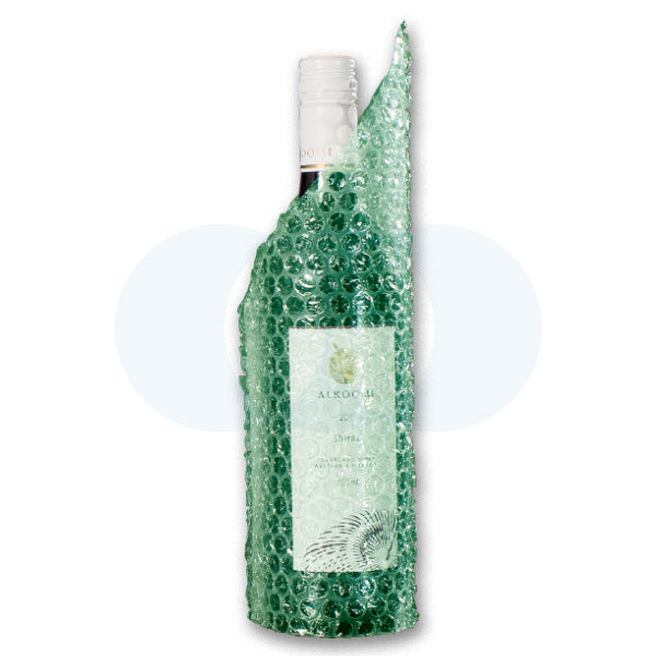 Wine bottle wrapped in green tinted Polycell EcoPure bubble with the top of the bottle showing, a range photo supplied by Polycell