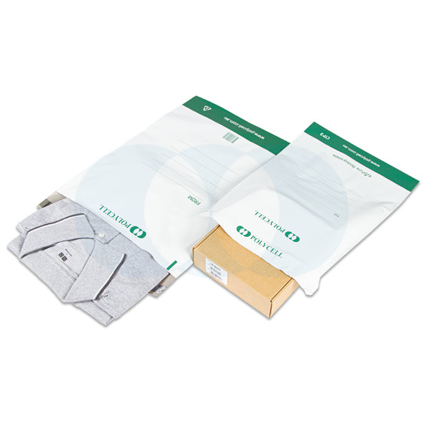 Polycell EcoPure Courier Tuff range photo of two white bags with green print, one holding a folded grey shirt and the other a kraft box, not specific to the CTP 5-ECOPURE size