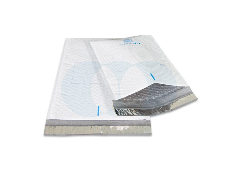 Two Polycell Maxi Tuff mailers, the front one open at the flap to show the silver grey bubble lining inside
