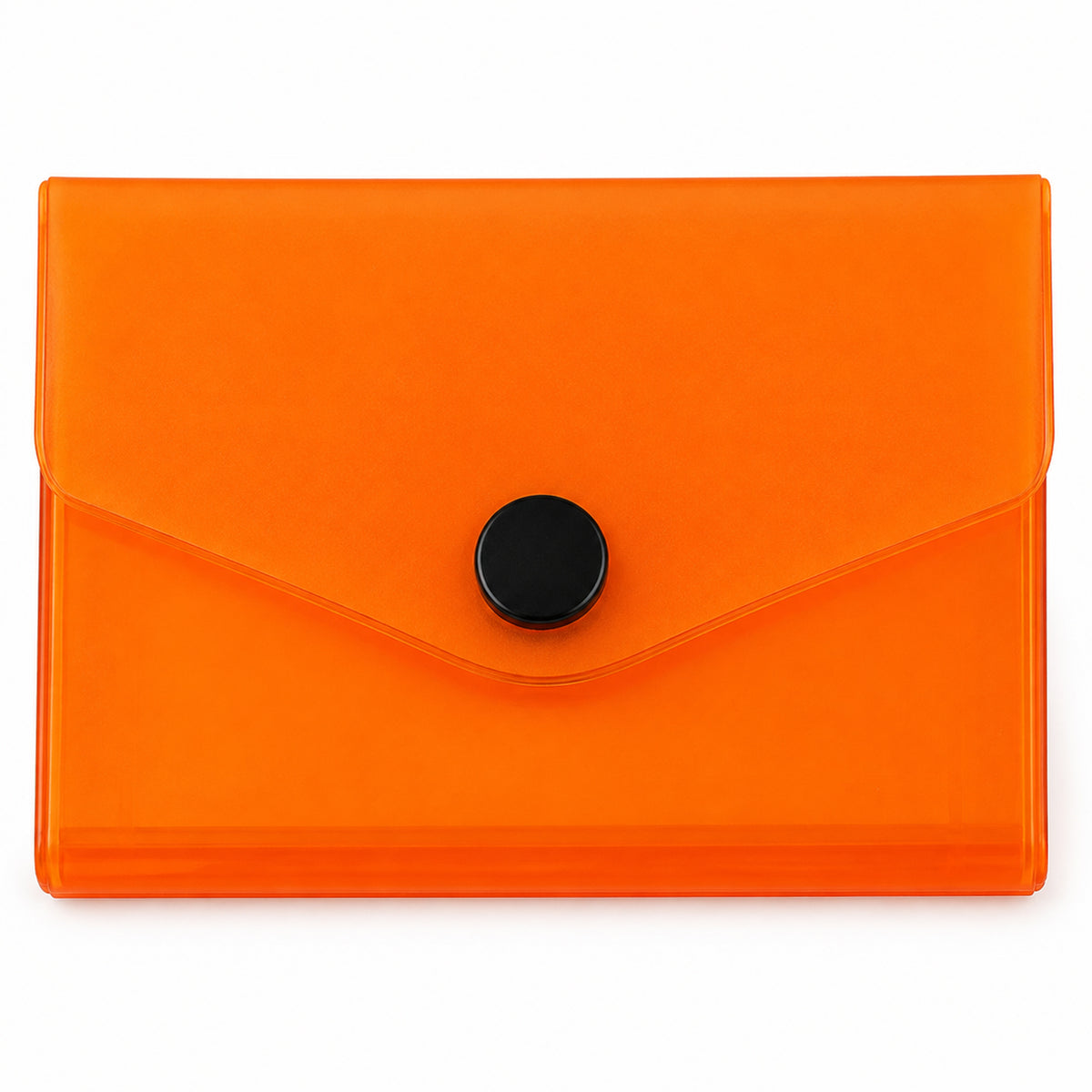 Studio product image showing the Pop Mini Business Card Box closed against a clean white background. The translucent orange polypropylene construction, rounded edges and black snap closure are clearly displayed for an unobstructed product view.