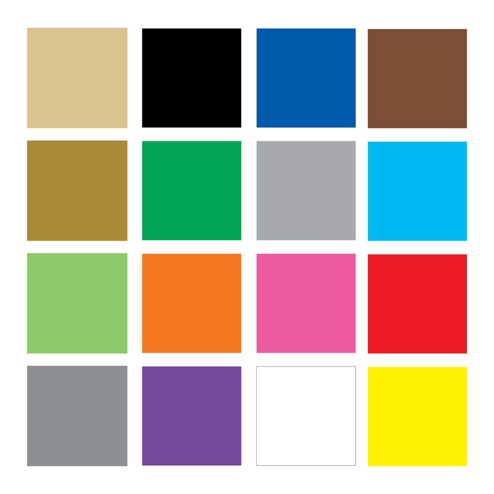 Colour swatch chart for the Posca PC-5M wallet of 16, a four by four grid of sixteen solid blocks on white covering beige, black, blue, brown, gold, green, grey, light blue, orange, pink, red, violet, white and yellow.