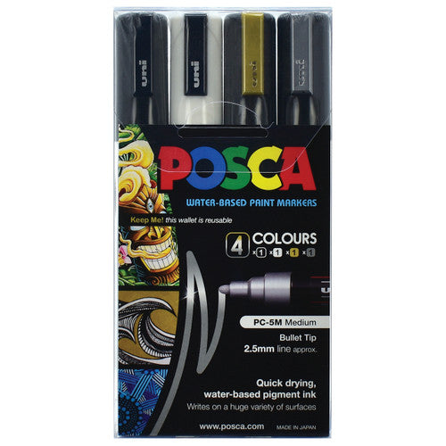Posca PC-5M Paint Marker Bullet Medium Wallet of 4 Black White Gold Silver - image 1