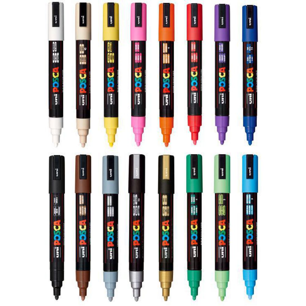 All sixteen Posca PC-5M paint markers laid out in two rows of eight on a white background, each black barrel capped in its ink colour including white, beige, yellow, pink, orange, red, violet and blue.